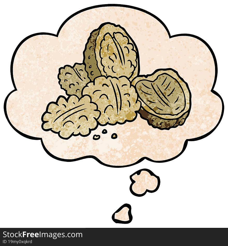 cartoon walnuts and thought bubble in grunge texture pattern style