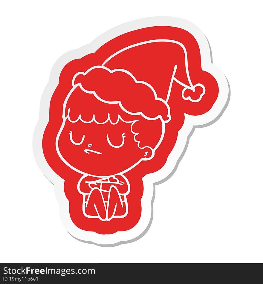 Cartoon  Sticker Of A Grumpy Boy Wearing Santa Hat