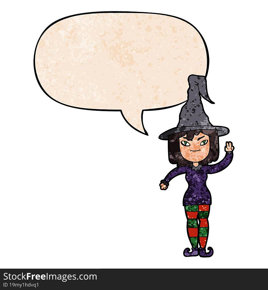 Cartoon Witch And Speech Bubble In Retro Texture Style