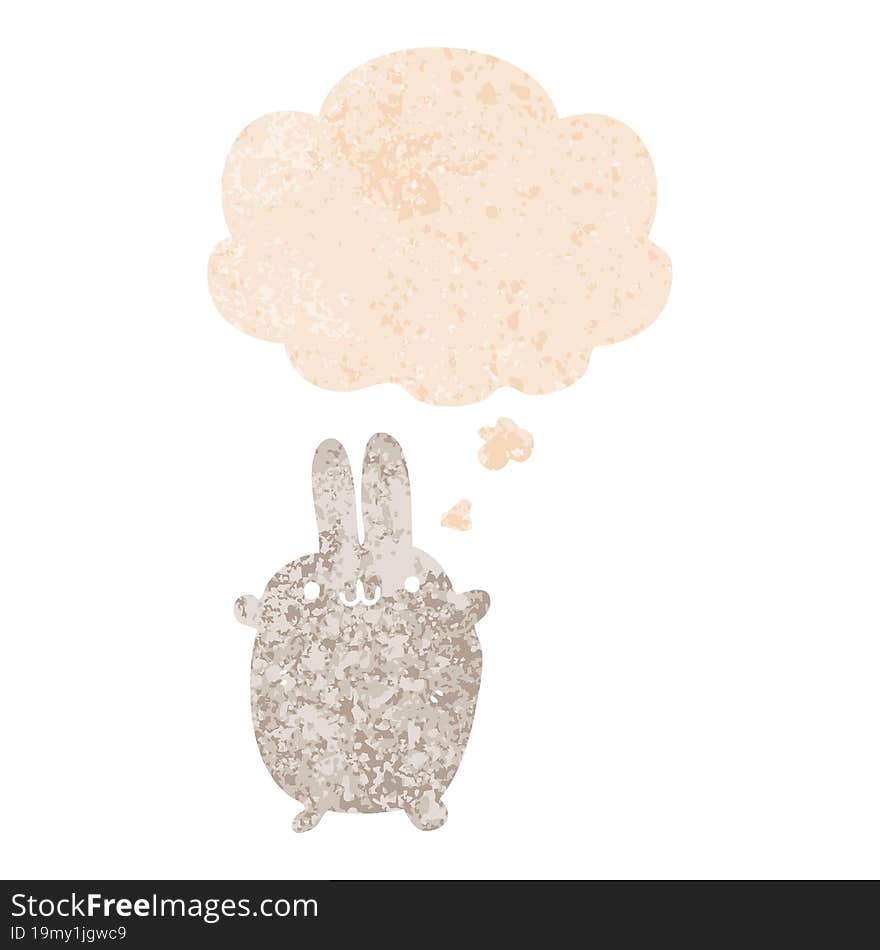 cartoon rabbit and thought bubble in retro textured style