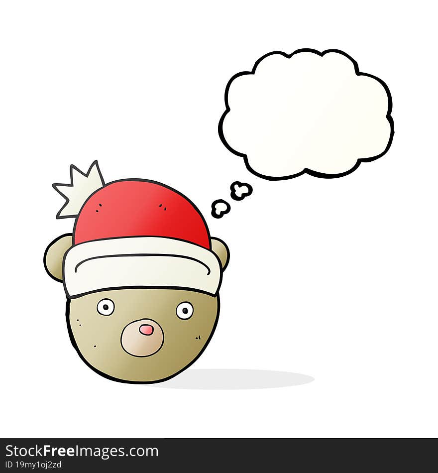 freehand drawn thought bubble cartoon teddy bear wearing christmas hat