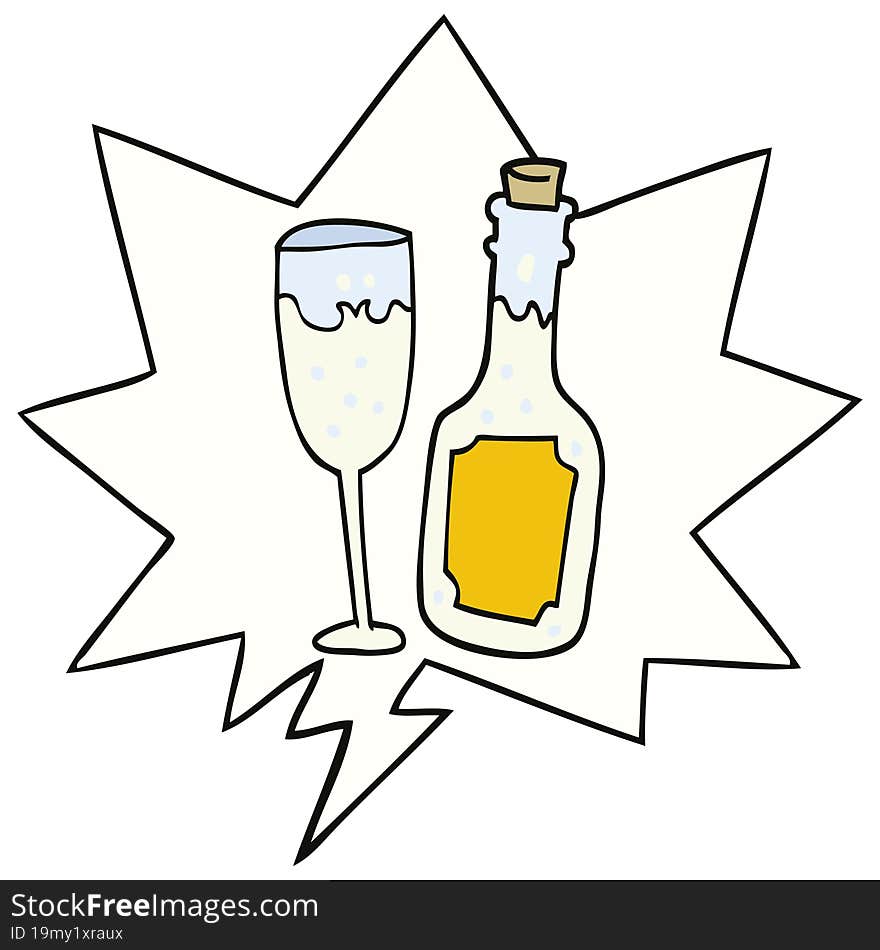 cartoon champagne bottle and glass and speech bubble