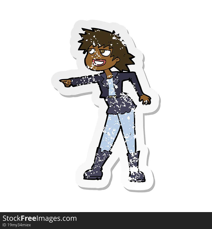 retro distressed sticker of a cartoon woman pointing