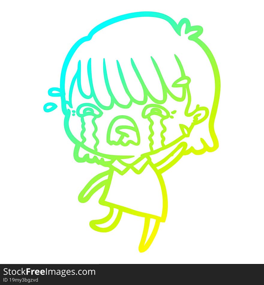 cold gradient line drawing cartoon girl crying