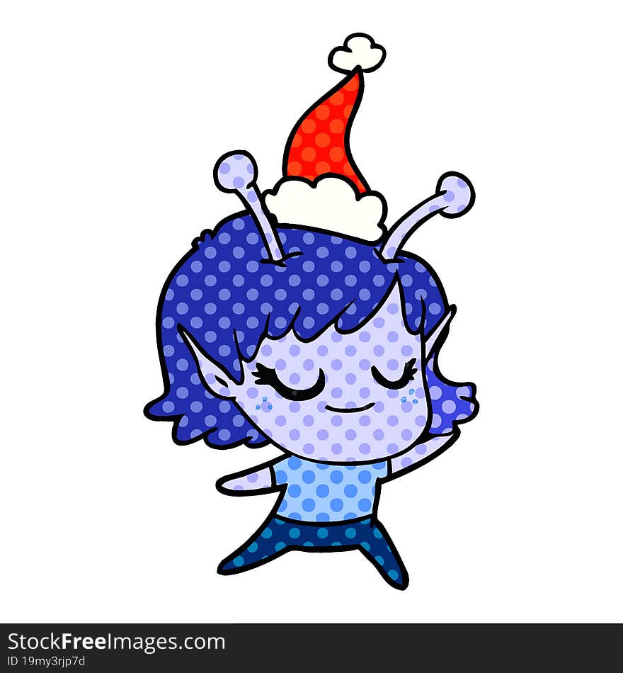 smiling alien girl comic book style illustration of a wearing santa hat