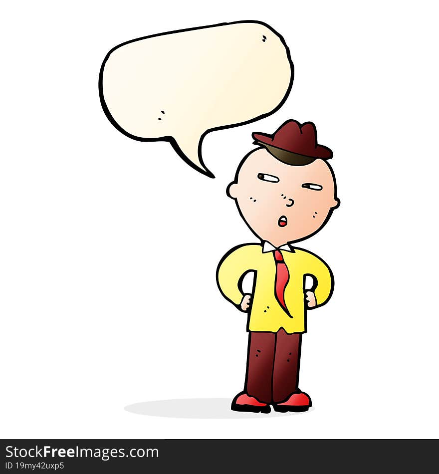 cartoon man wearing hat with speech bubble