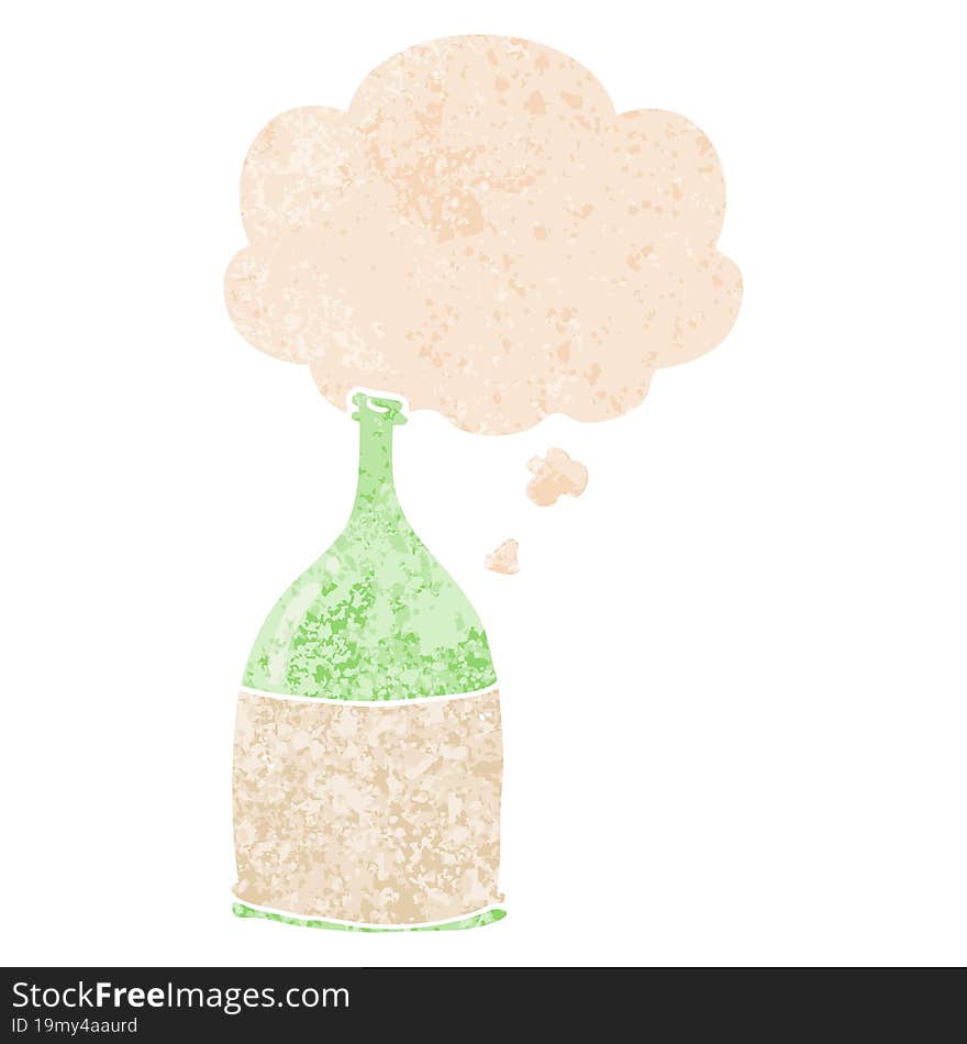 cartoon bottle and thought bubble in retro textured style