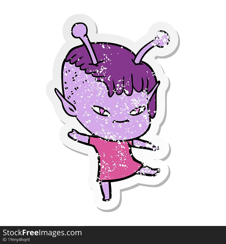 distressed sticker of a cute cartoon alien girl