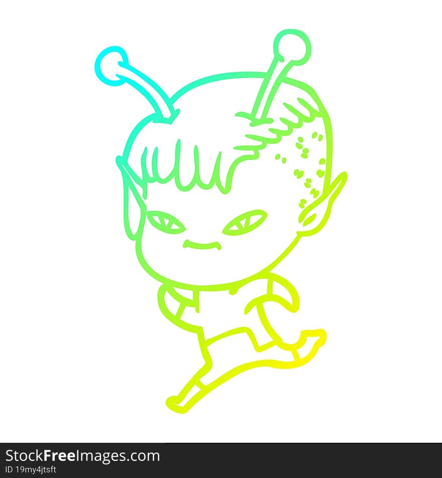 Cold Gradient Line Drawing Cute Cartoon Alien Girl