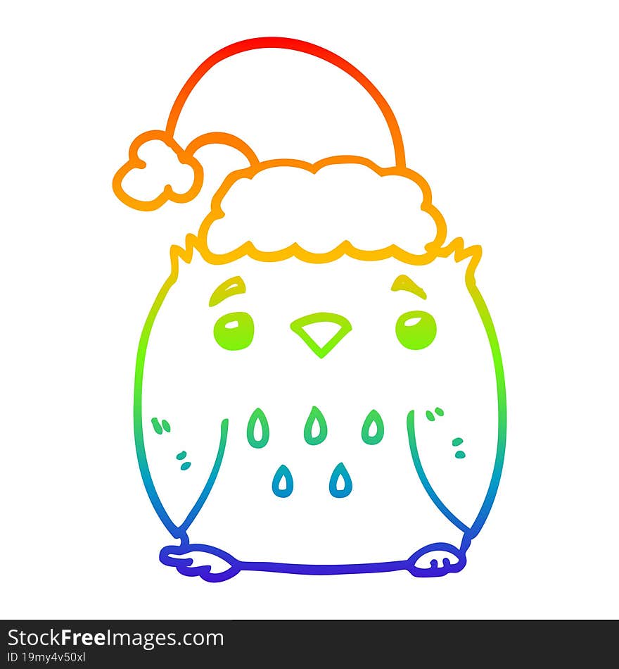 rainbow gradient line drawing cute cartoon owl wearing christmas hat