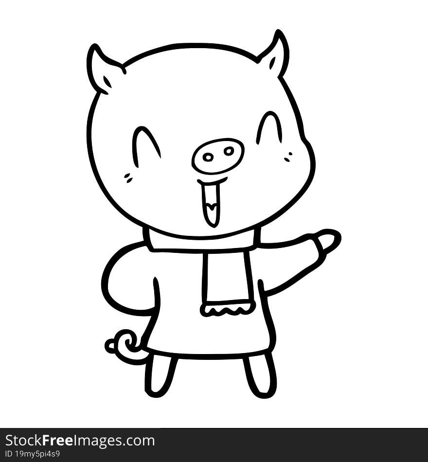 happy cartoon pig in winter clothes. happy cartoon pig in winter clothes