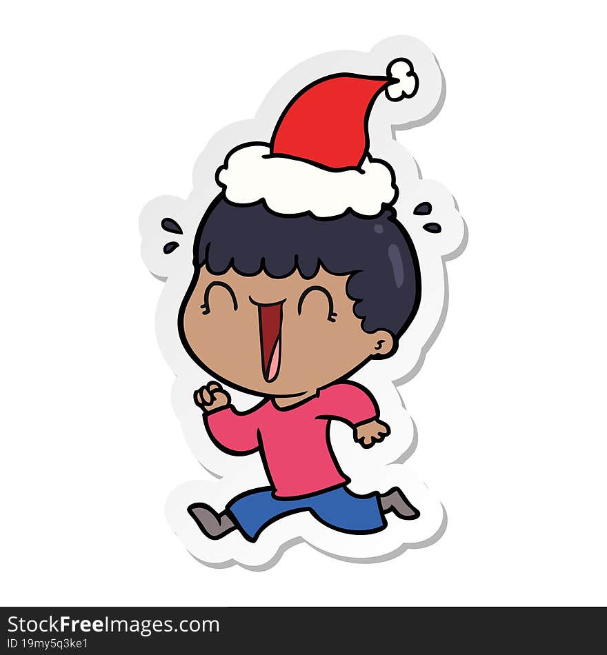 laughing hand drawn sticker cartoon of a man wearing santa hat. laughing hand drawn sticker cartoon of a man wearing santa hat