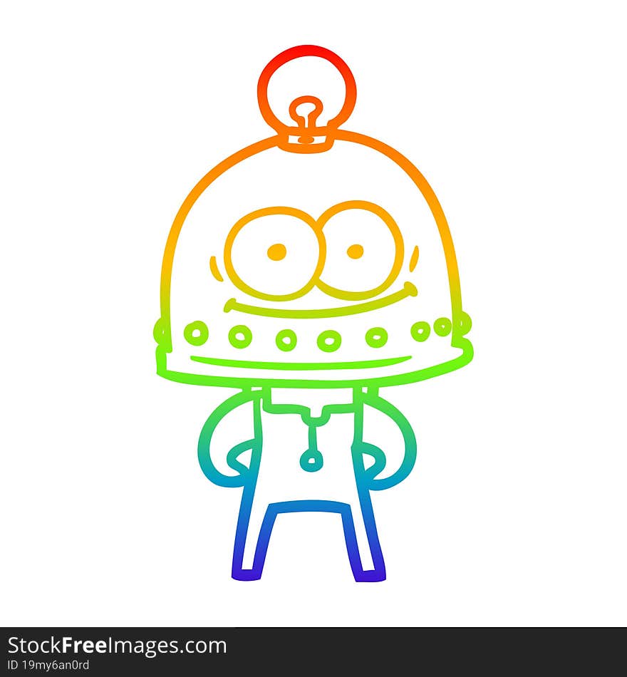 rainbow gradient line drawing of a happy carton robot with light bulb