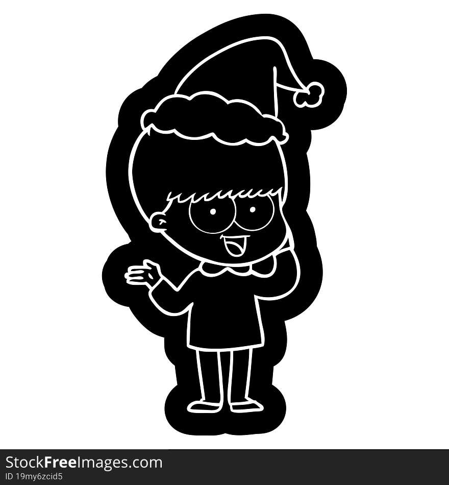 happy quirky cartoon icon of a boy wearing santa hat