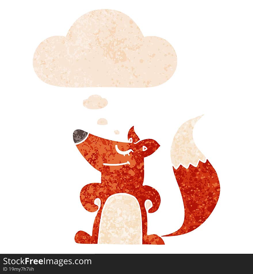 cartoon fox and thought bubble in retro textured style