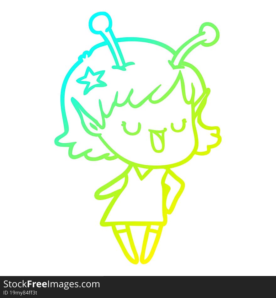 cold gradient line drawing of a happy alien girl cartoon laughing