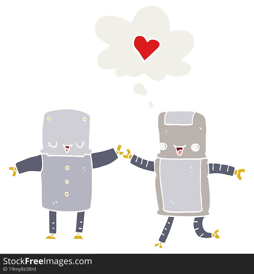 Cartoon Robots In Love And Thought Bubble In Retro Style