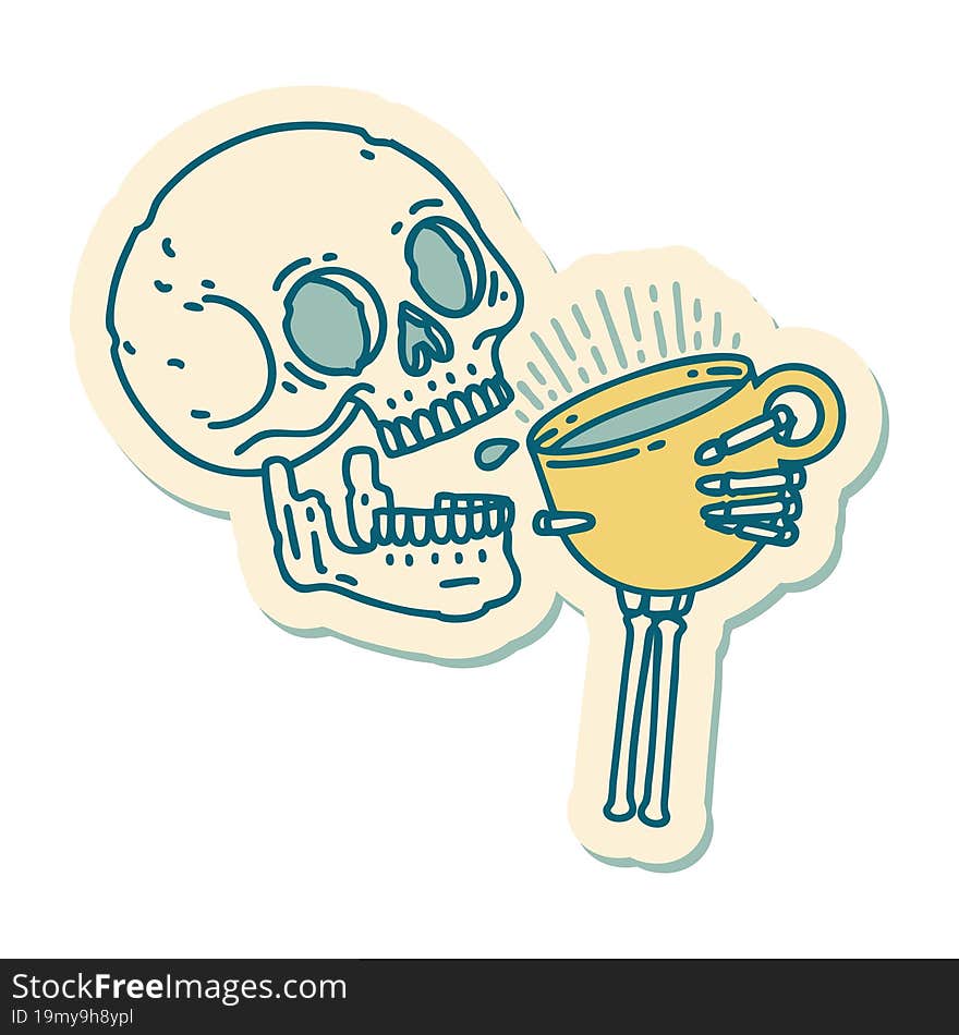 Tattoo Style Sticker Of A Skull Drinking Coffee