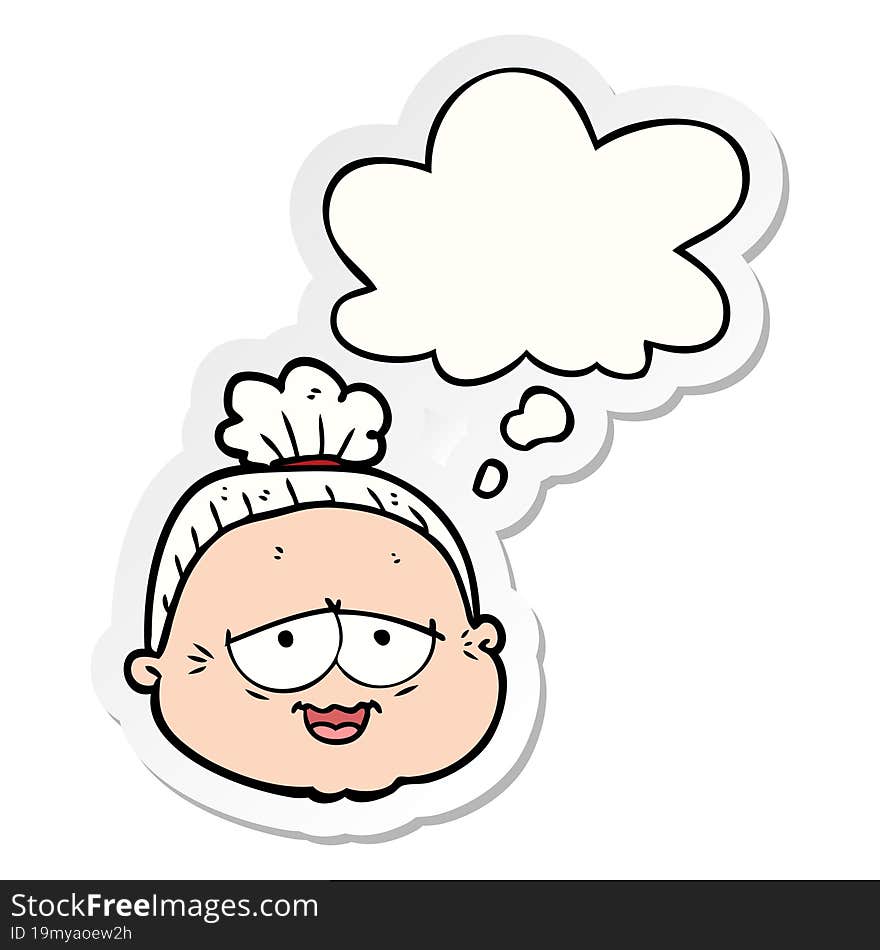 cartoon old lady with thought bubble as a printed sticker