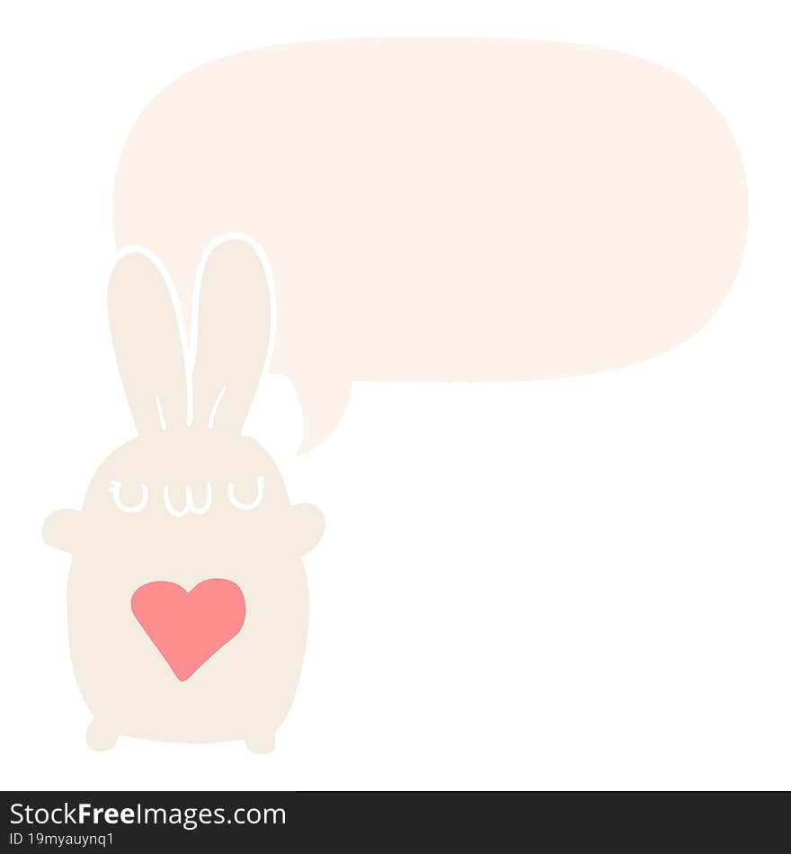 cute cartoon rabbit and love heart and speech bubble in retro style