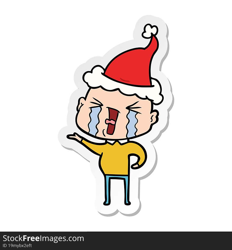 sticker cartoon of a crying bald man wearing santa hat