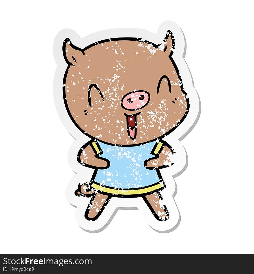 distressed sticker of a happy cartoon pig