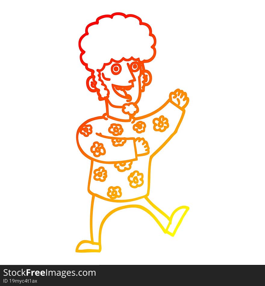 warm gradient line drawing of a cartoon dancing 70s man