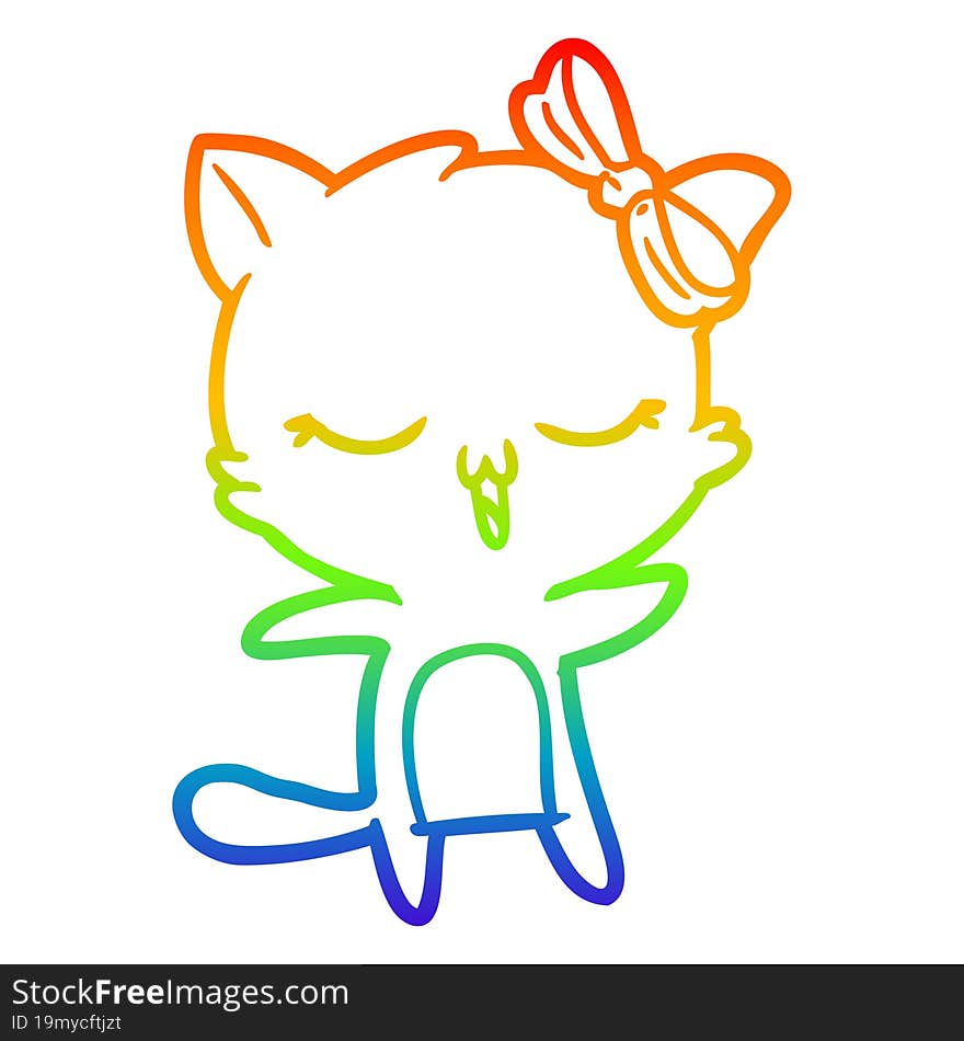 rainbow gradient line drawing cartoon cat with bow on head