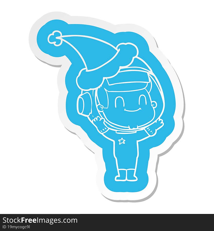 happy cartoon  sticker of a astronaut man wearing santa hat