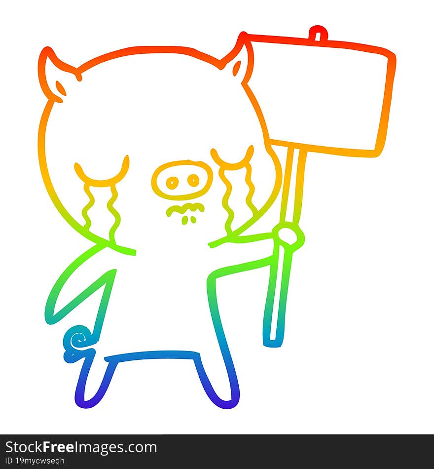 rainbow gradient line drawing cartoon crying pig with sign post