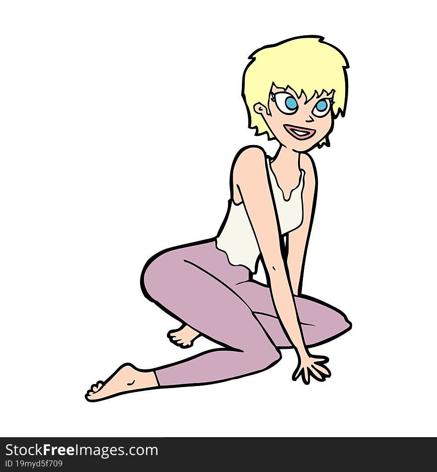 cartoon happy woman sitting on floor