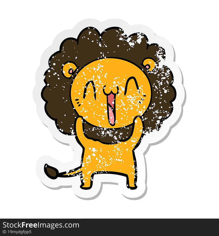 distressed sticker of a happy cartoon lion