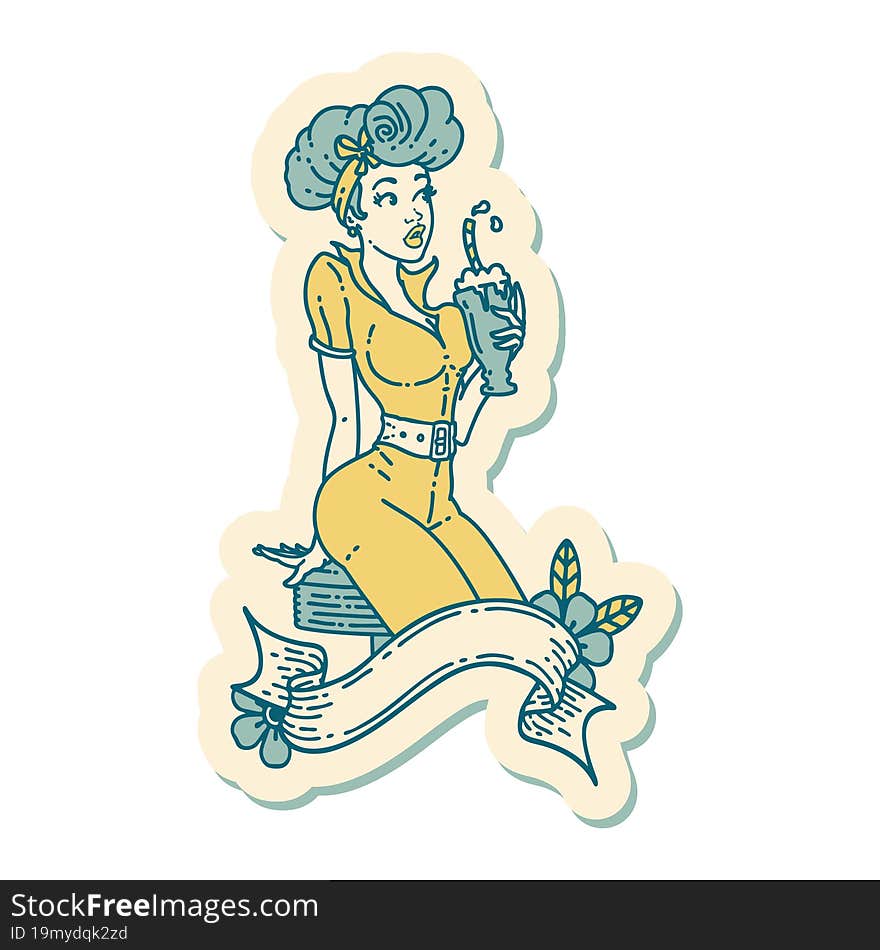 tattoo style sticker of a pinup girl drinking a milkshake with banner