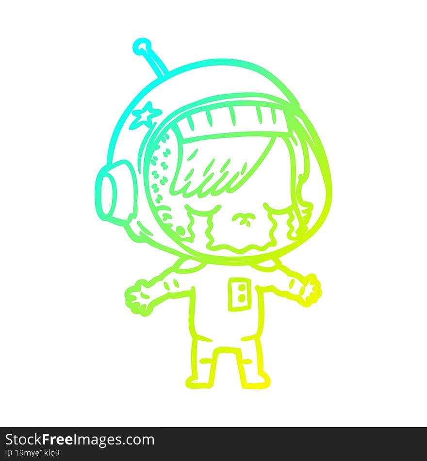 cold gradient line drawing of a cartoon crying astronaut girl