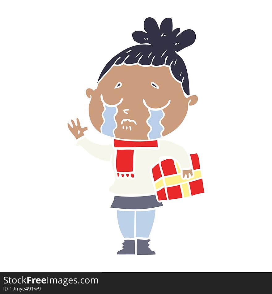 flat color style cartoon crying woman with christmas gift