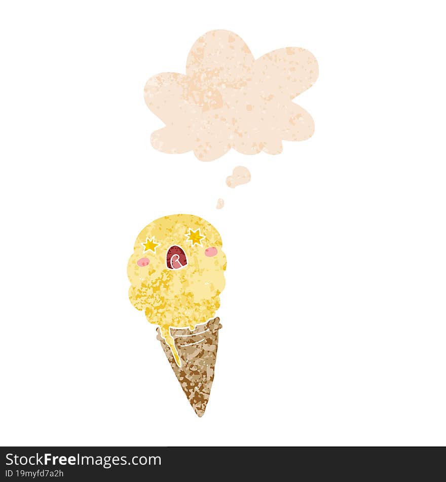 Cartoon Shocked Ice Cream And Thought Bubble In Retro Textured Style