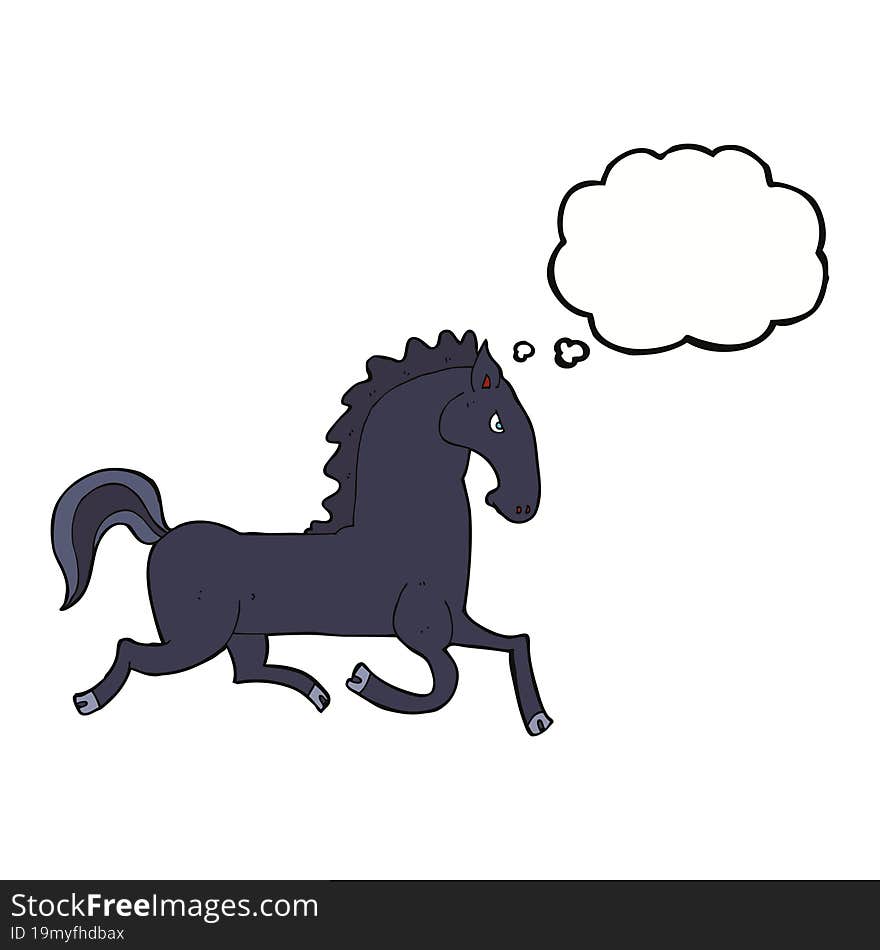 cartoon running black stallion with thought bubble