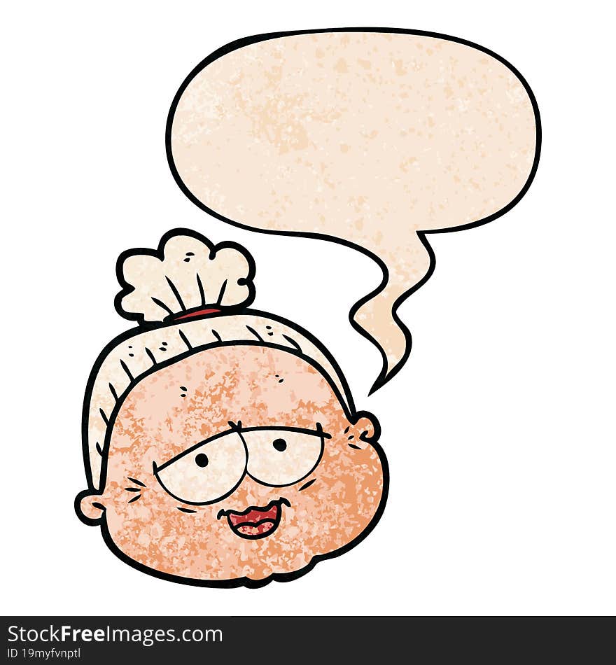 cartoon old lady and speech bubble in retro texture style