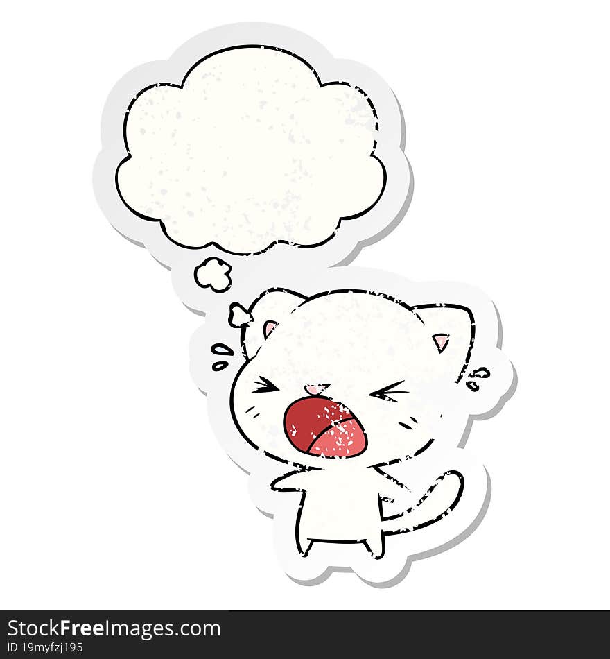 cartoon cat crying and thought bubble as a distressed worn sticker