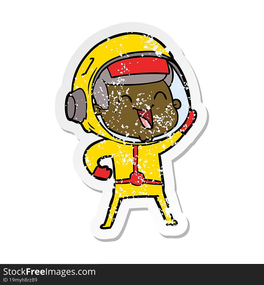 distressed sticker of a happy cartoon astronaut