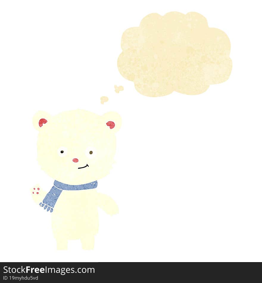 cartoon polar bear waving with thought bubble