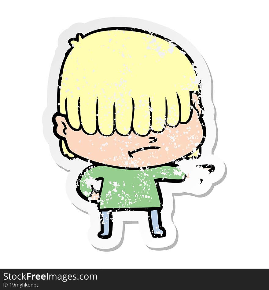 distressed sticker of a cartoon boy with untidy hair