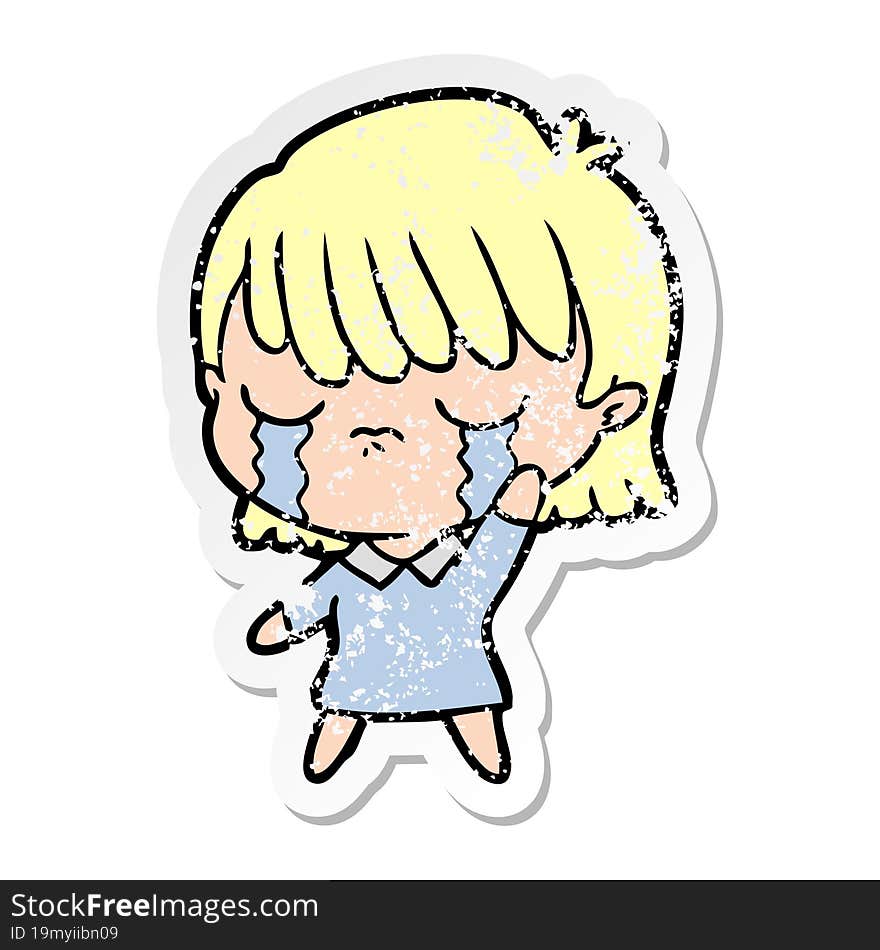 distressed sticker of a cartoon woman crying