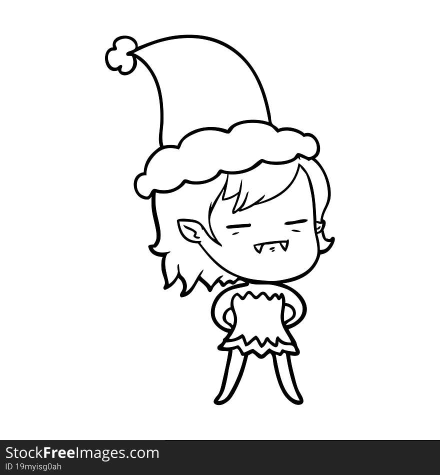 hand drawn line drawing of a undead vampire girl wearing santa hat