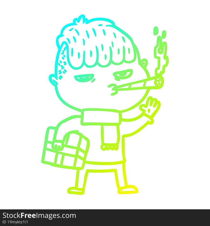 cold gradient line drawing of a cartoon man smoking carrying christmas gift