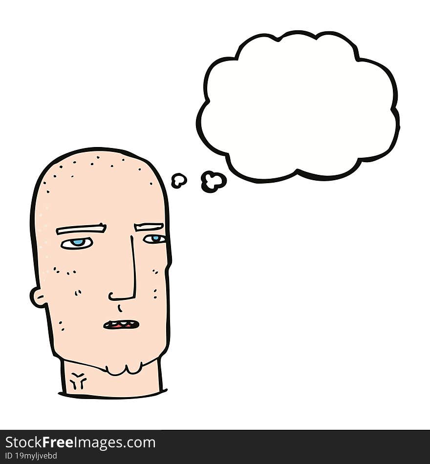 cartoon bald tough guy with thought bubble