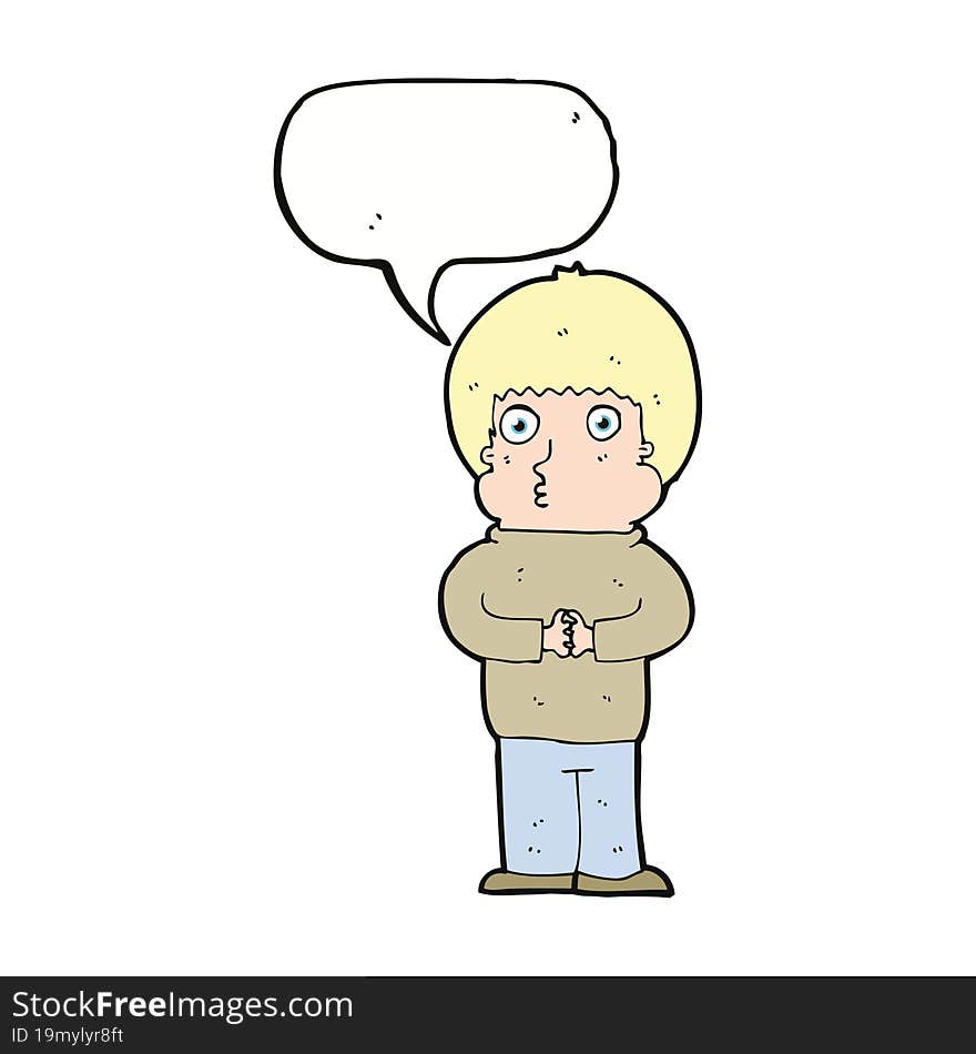 cartoon shy boy with speech bubble