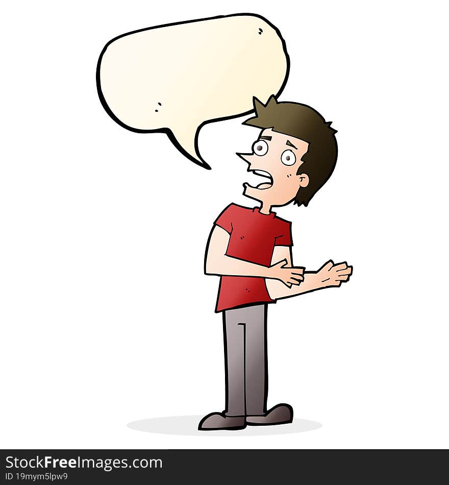 cartoon man making excuses with speech bubble