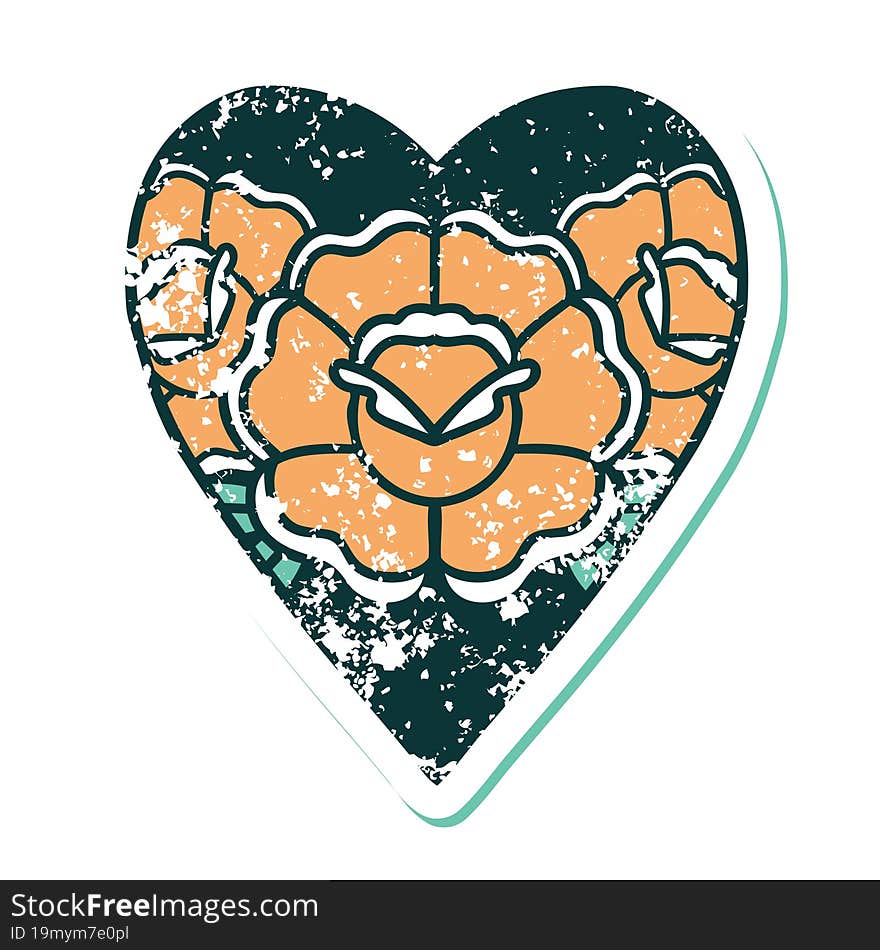 Distressed Sticker Tattoo Style Icon Of A Heart And Flowers