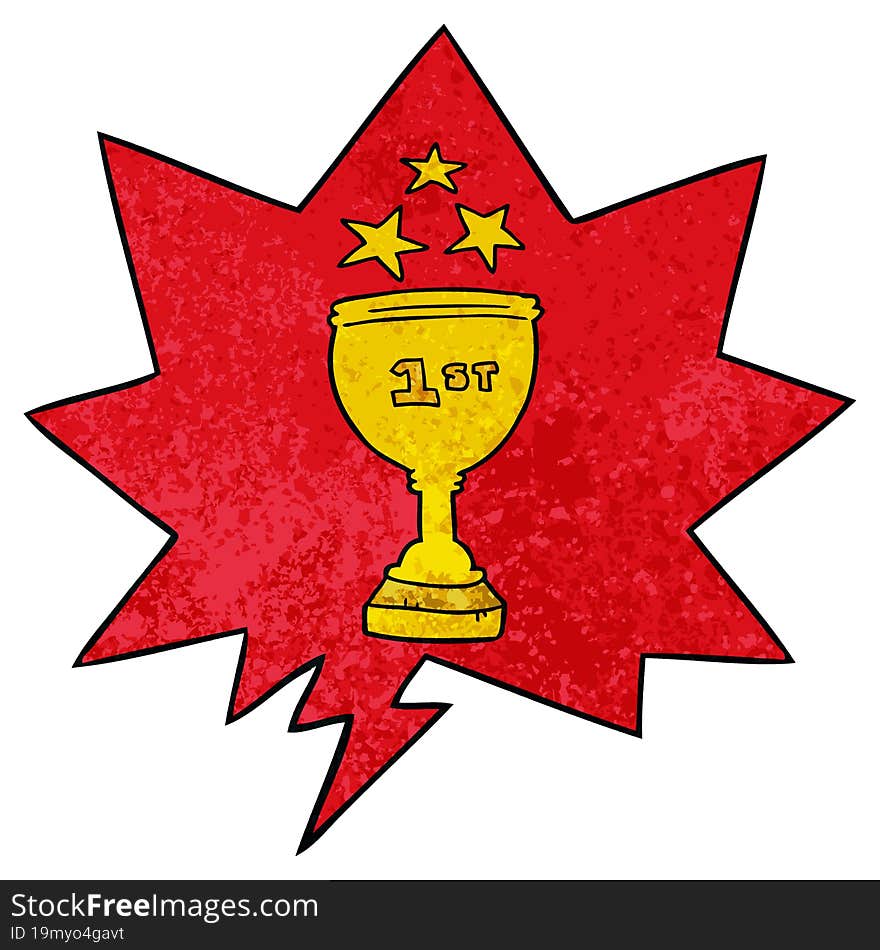 cartoon sports trophy with speech bubble in retro texture style